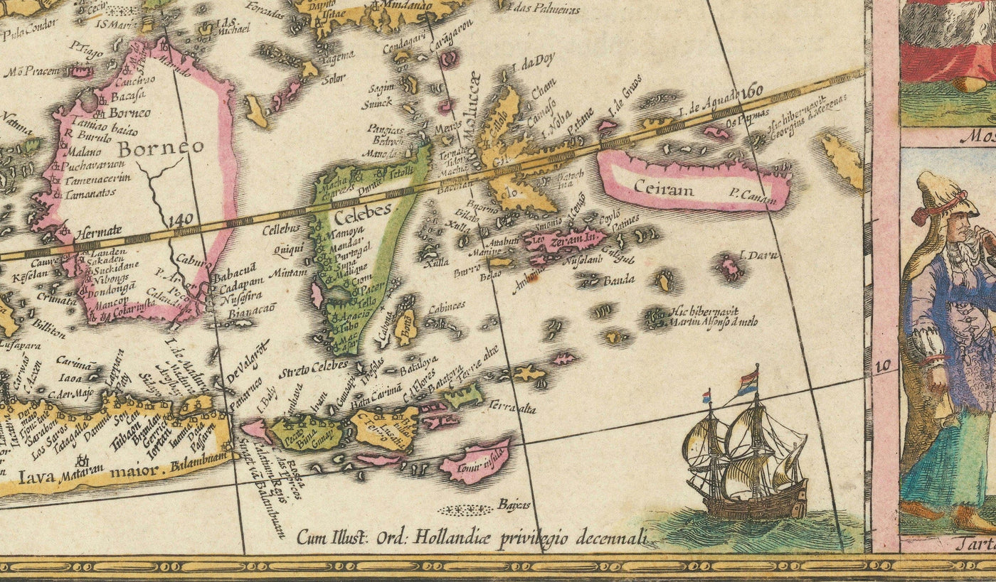 Ancienne carte d'Asie, 1640 par Willem Blaeu - Indes orientales coloniales - Chine, Inde, Malaisie, Singapour, Thaïlande, Philippines