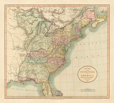 Alte Karte der USA, 1806 von John Cary - frühe föderalistische USA - Große Georgien, westliche Gebiete, Ostküstenstaaten