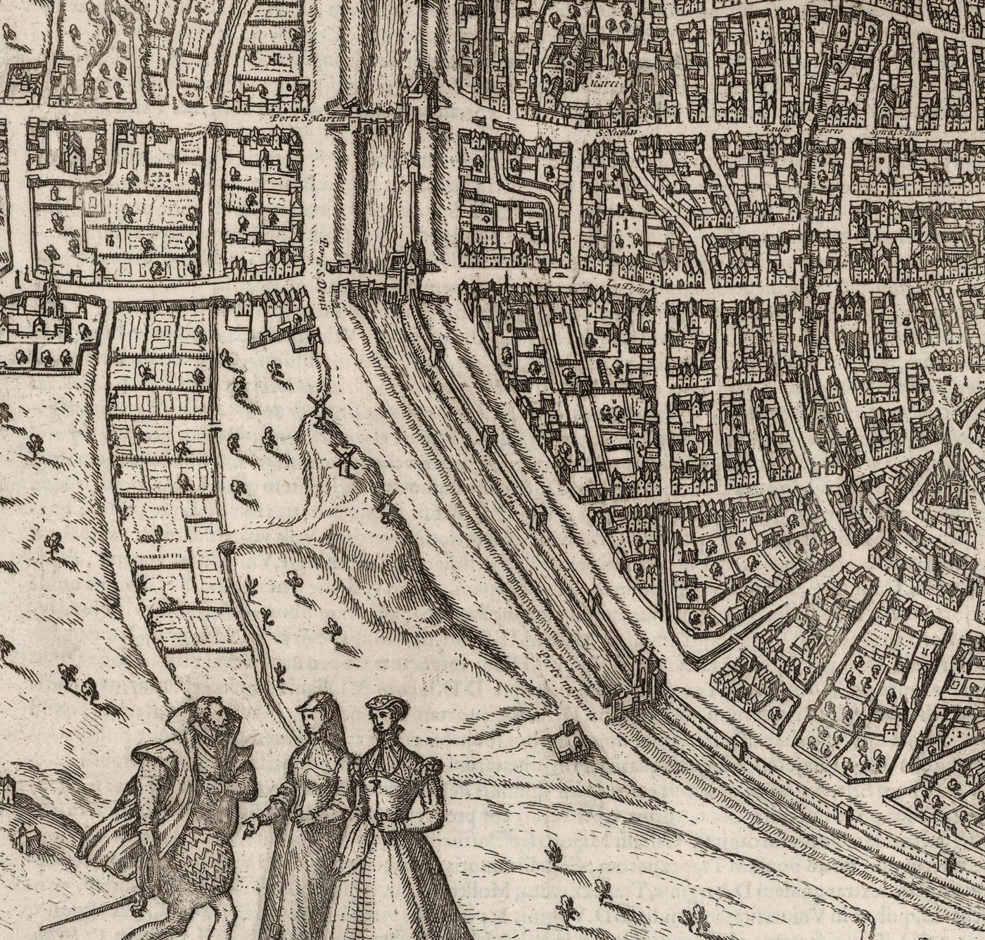 Alte monochrome Karte von Paris, 1572 von Braun - Notre Dame, Sainte Chapelle, Bastille, Seine, Kathedrale, Stadtmauern