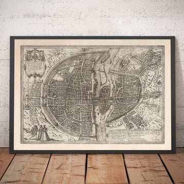 Antiguo mapa monocromo de París, 1572 por Braun - Notre Dame, Sainte Chapelle, Bastilla, Sena, Catedral, Murallas