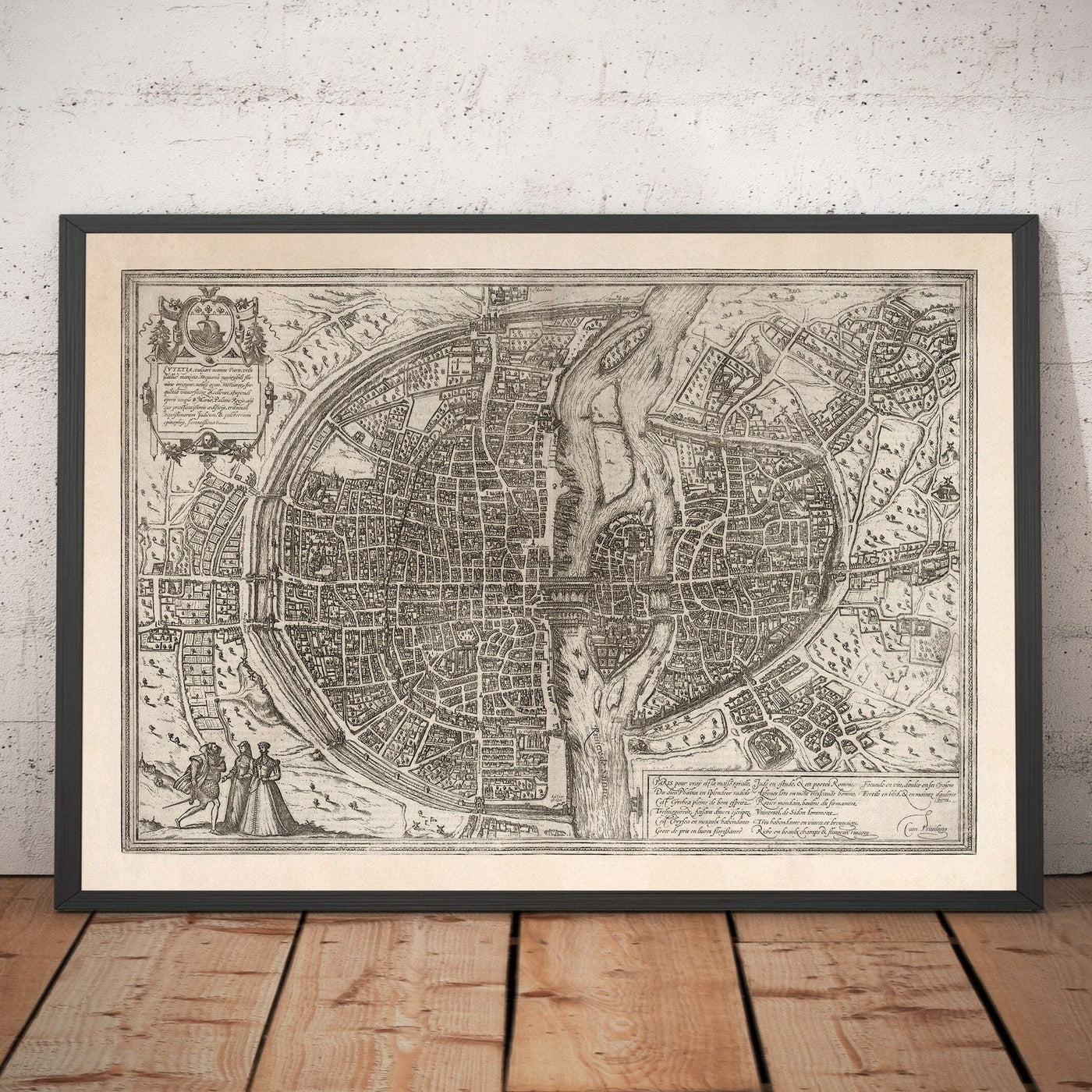Old Monochrome Map of Paris, 1572 by Braun - Notre Dame, Sainte Chapelle, Bastille, Seine, Cathedral, City Walls
