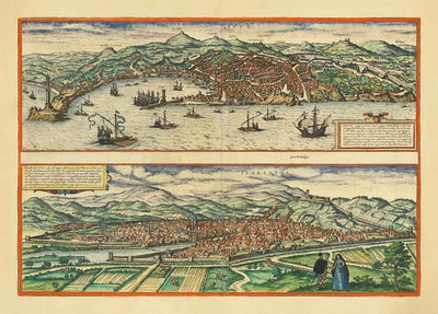 Mapa antiguo de Florencia y Génova, 1572 por Braun - Duomo, Palazzo Vecchio, Río Arno, San Lorenzo, Catedrales, Fortalezas