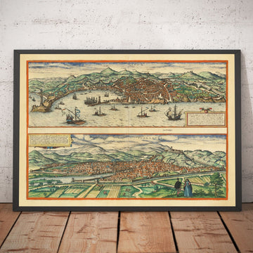 Mappa antica di Firenze e Genova, 1572 di Braun - Duomo, Palazzo Vecchio, Fiume Arno, San Lorenzo, Cattedrali, Fortezze 