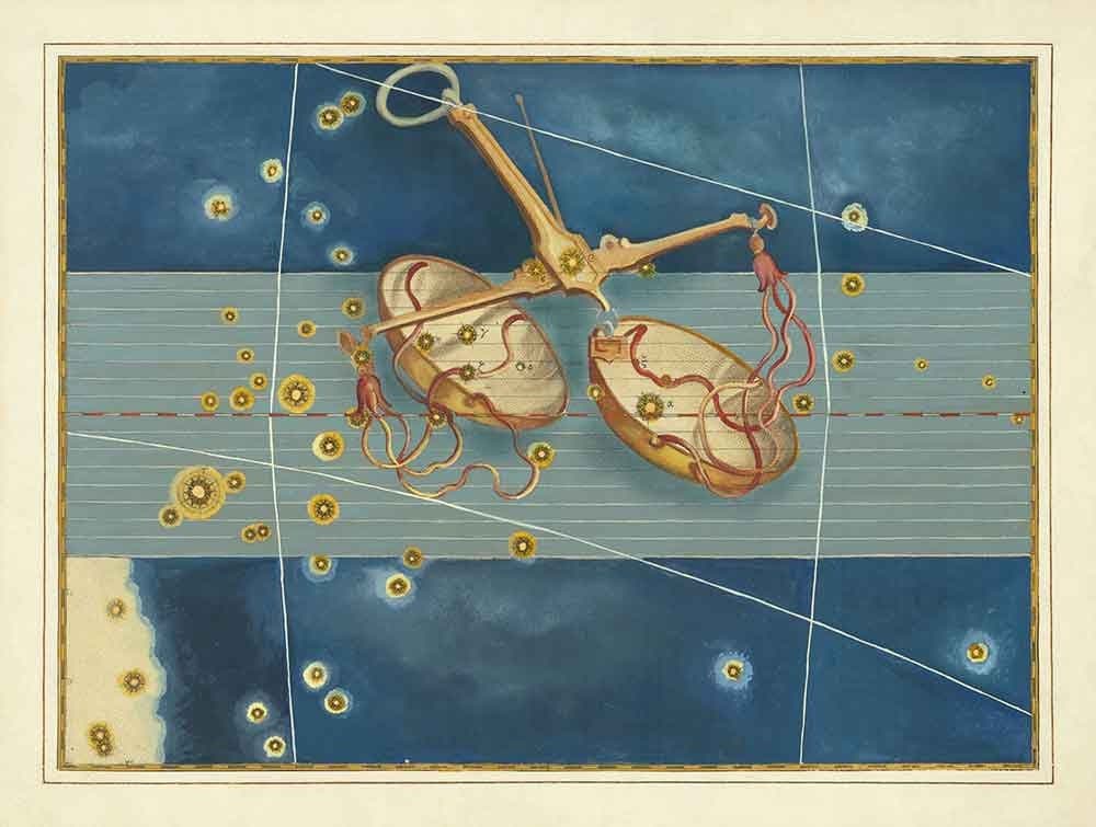 Antiguo mapa estelar de Libra, 1624 por Johann Bayer - Carta astrológica del zodiaco - El signo del horóscopo de la balanza