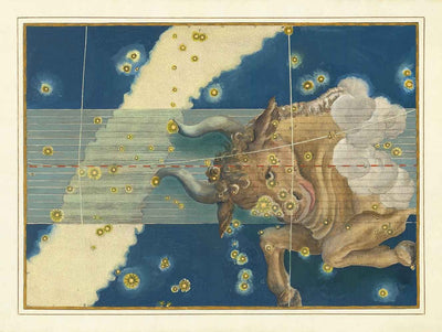 Alte Sternkarte von Taurus, 1603 von Johann Bayer - Zodiac Astrology Diagramm - Das Bullhoroskop -Zeichen