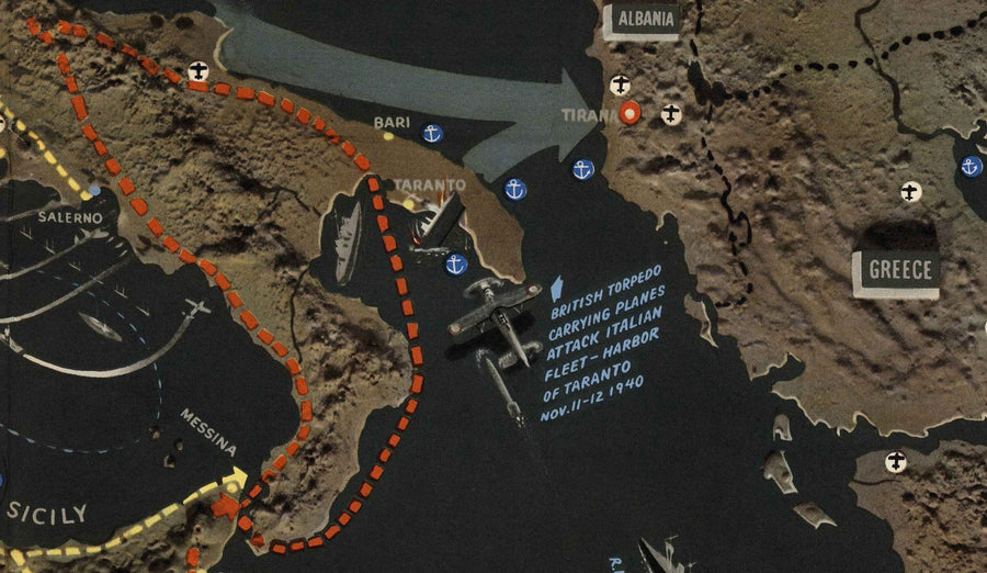 Alter Zweiter Weltkrieg Karte: Mittelmeer, 1944 - NavWarMap Nr.1 - Südeuropa & Nordafrika - Italien, Spanien, Frankreich 