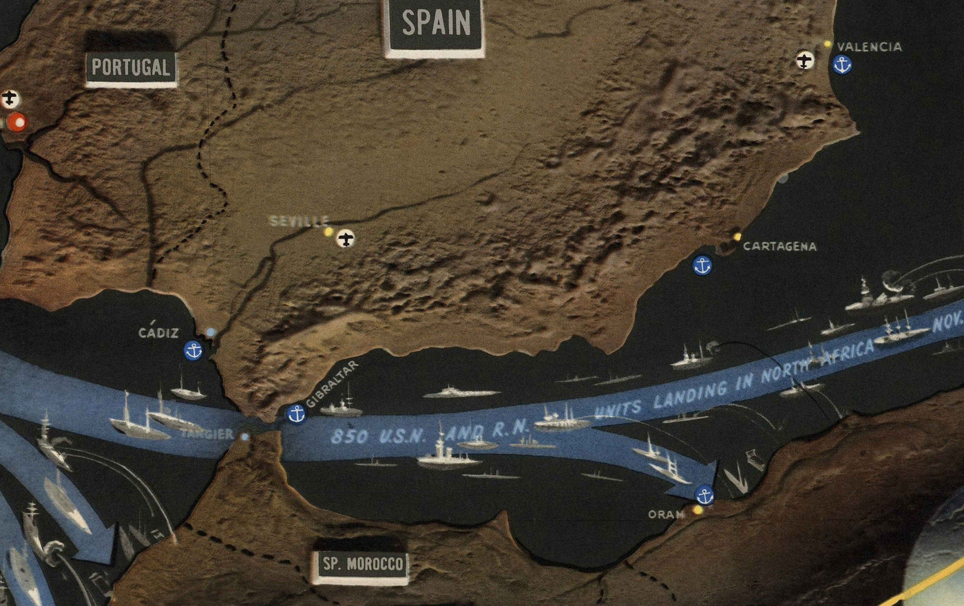 Altes Erster Weltkrieg: Mittelmeer, 1944 - Navwarmap Nr. 1 - Südeuropa und Nordafrika - Italien, Spanien, Frankreich