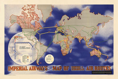 Imperial Airways World Map, 1937 - Ancienne carte de l'Empire britannique Bauhaus par Laszlo Moholy-Nagy - Routes aériennes long-courrier