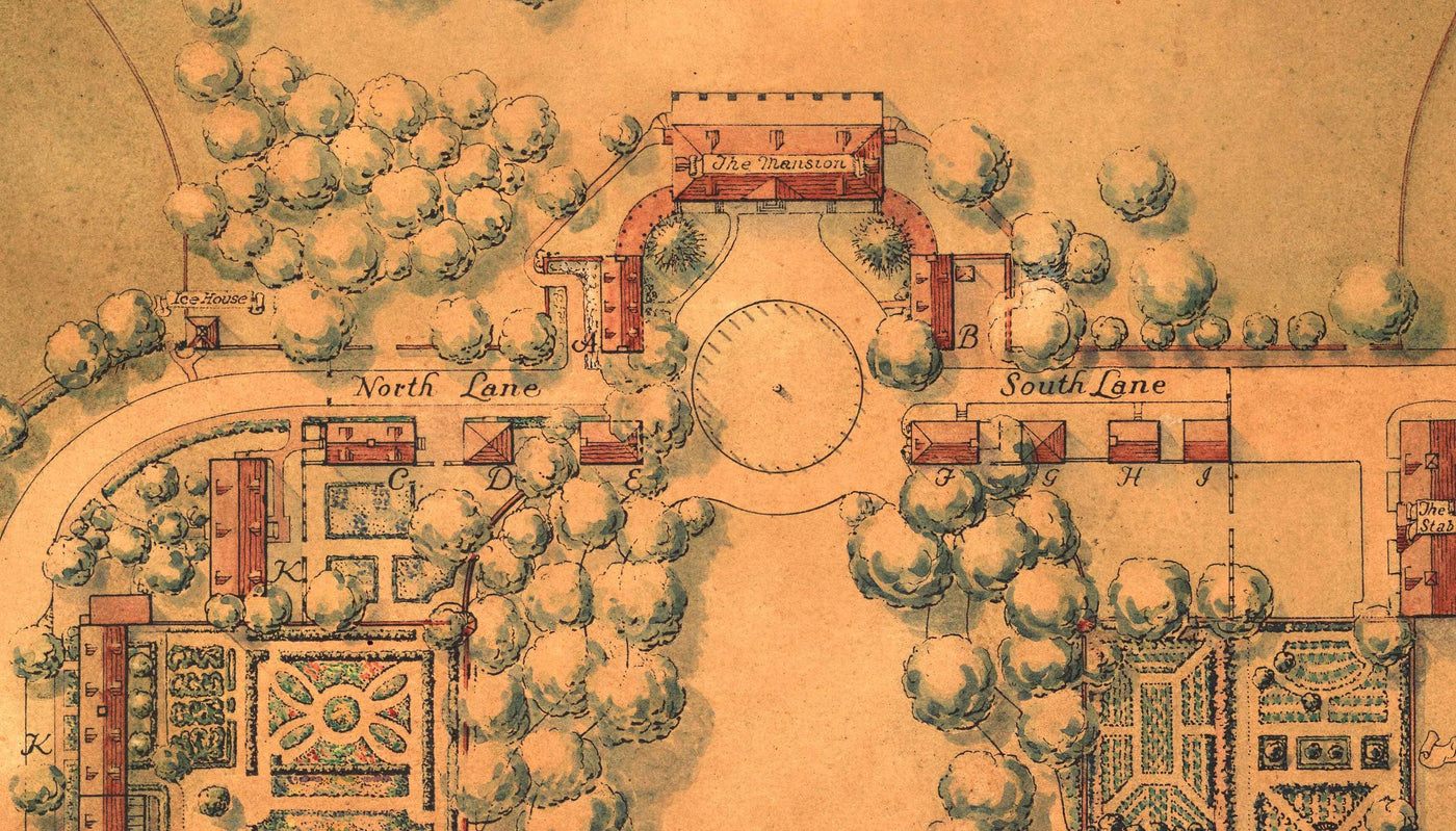 Alter Plan von Mount Vernon, George Washingtons Haus, 1932, von B. Ashburton Tripp - Landschaftsgärten, Haus, Anwesen