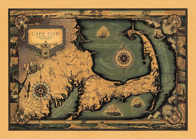 Ancienne carte de Cape Cod, Mass. 1931 par Tripp - Barnstaple, Plymouth, New Bedford, Bourne, Falmouth, Yarmouth, Sandwich - Cadeau encadré, non encadré