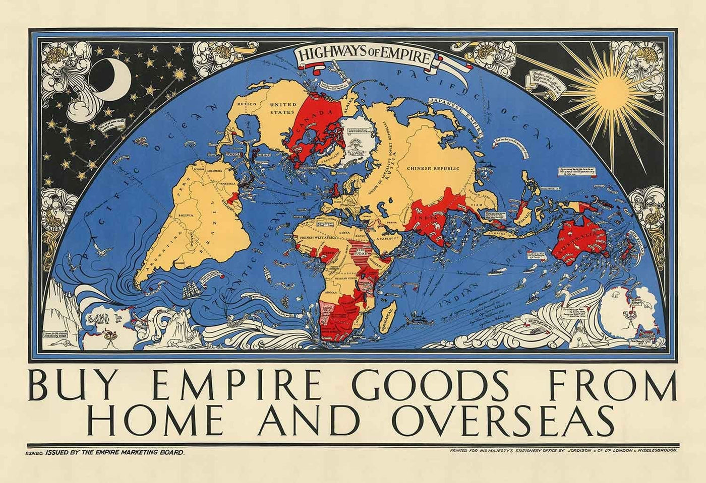 Autoroutes de l'Empire : Ancienne carte du monde de l'Empire britannique, 1933, par Max Gill - Colonies, Commonwealth, Routes maritimes