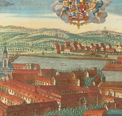 Alte Karte von Berlin, 1760 von Balthasar Probst - Alte Panoramakarte mit Wappen