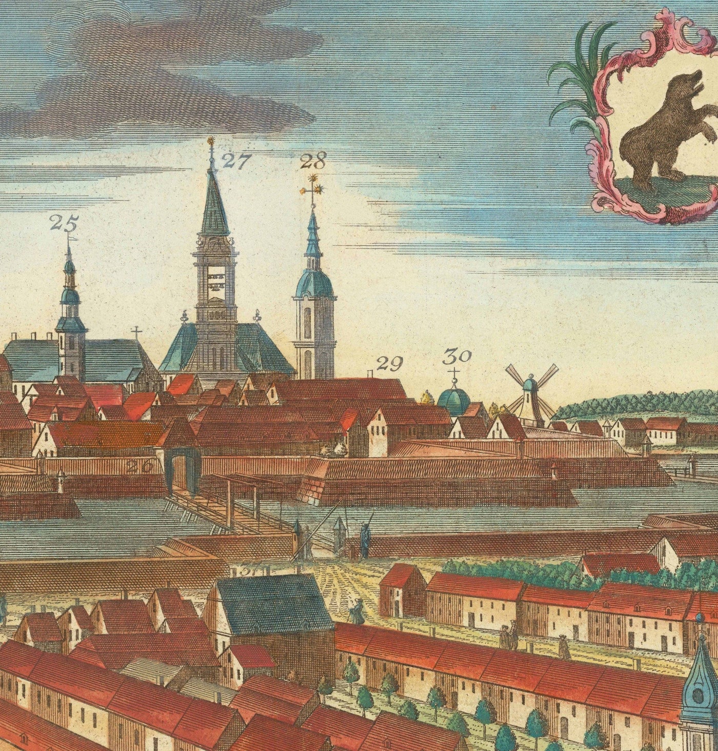 Ancienne carte de Berlin, 1760 par Balthasar Probst - Ancienne carte panoramique avec armoiries