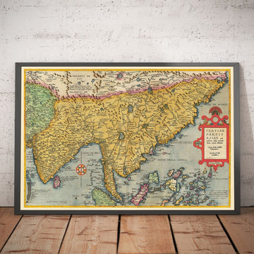 Old Map of India and East Asia, 1593 by de Jode - China, Nepal, Laos, Thailand, Sri Lanka, Philippines, Malaysia