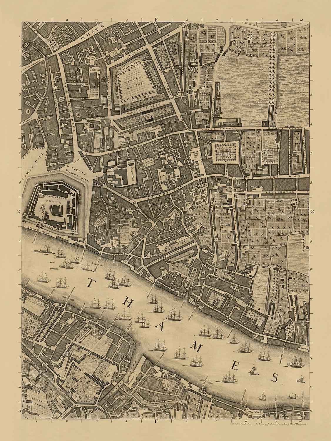 Antiguo mapa de Londres de John Rocque, 1746, F2 - Torre de Londres, Shad Thames, St Katherine Dock, Tower Hamlets, Bermondsey
