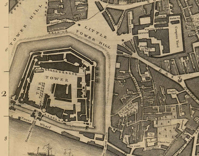 Ancienne carte de Londres par John Rocque, 1746, F2 - Tour de Londres, Shad Thames, St Katherine Dock, Tower Hamlets, Bermondsey