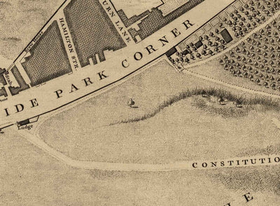 Antiguo mapa de Londres por John Rocque, 1746, A2 - Mayfair, Hyde Park, Knightsbridge, Piccadilly, Grosvenor Square, Oxford St