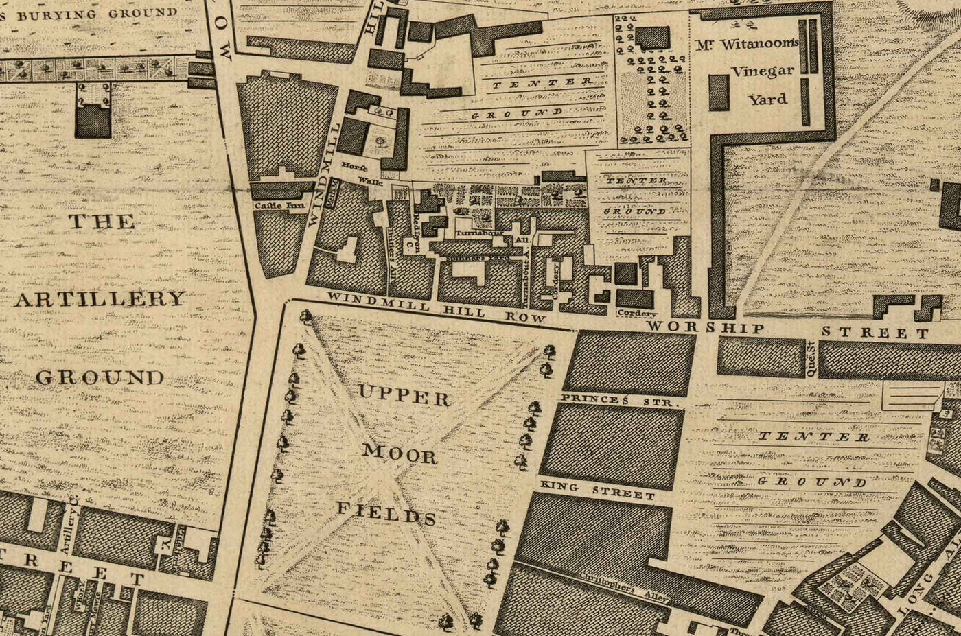 Antiguo mapa de Londres de John Rocque, 1746, E1 - Old Street, Finsbury, Moorgate, Barbican, St Lukes, Liverpool St