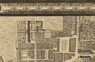 Alte Karte von London von John Rocque, 1746, E1 - Old Street, Finsbury, Moorgate, Barbican, St Lukes, Liverpool St