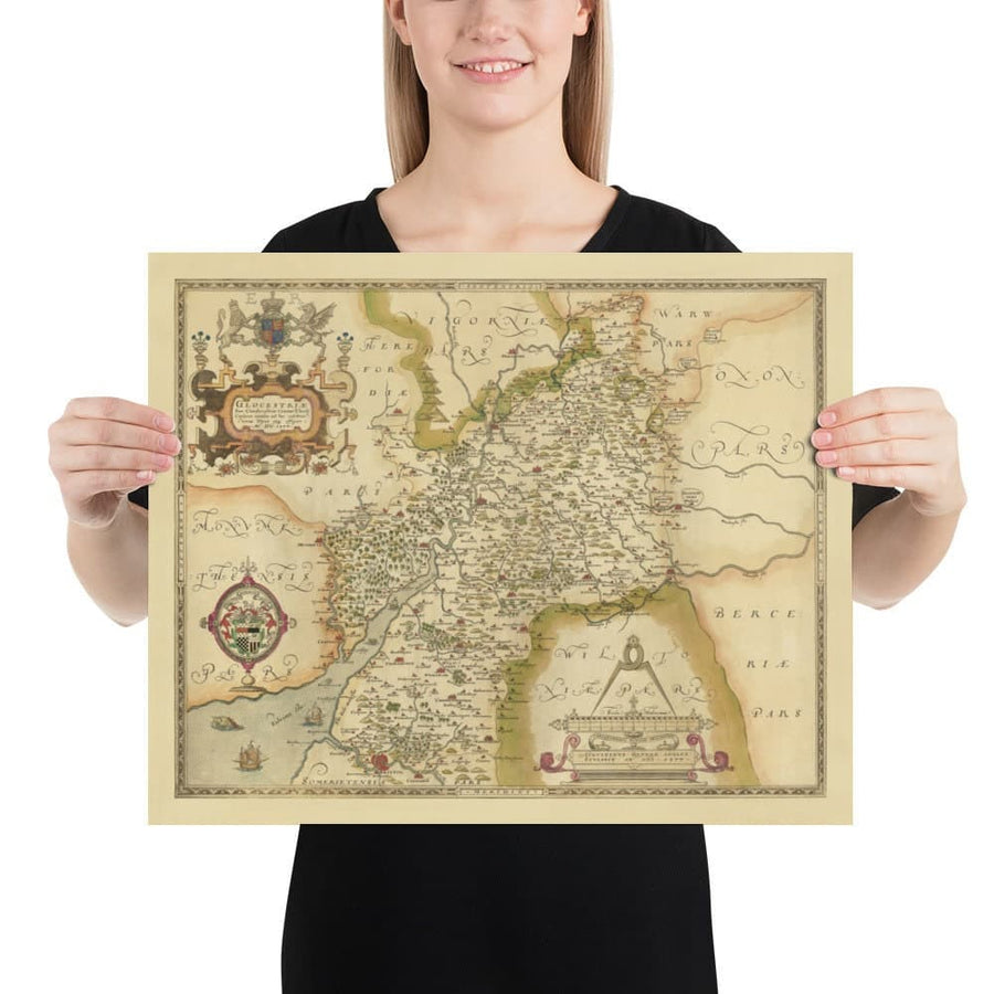 Rara Mappa Antica del Gloucestershire, 1575 di Saxton - Bristol, Cheltenham, Cotswolds, Tewkesbury, Cirencester, Stroud 