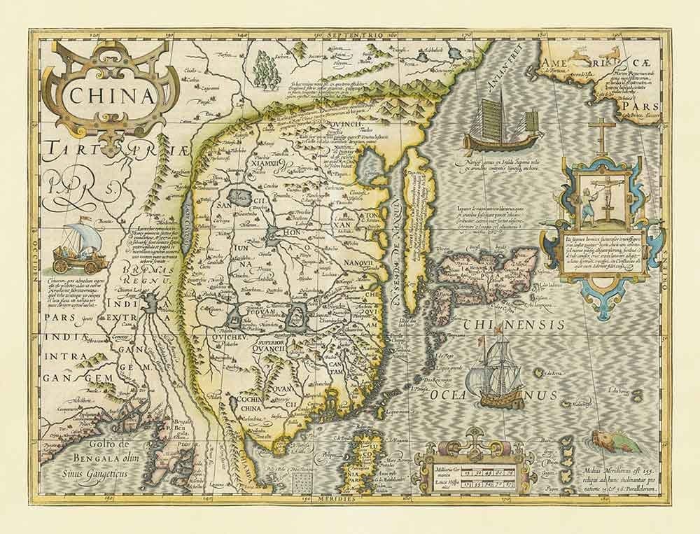Antiguo mapa de China, 1606 por Jodocus Hondius - Corea, Japón, Gran Muralla, Sudeste Asiático, Oriente, Extraños Monstruos Marinos