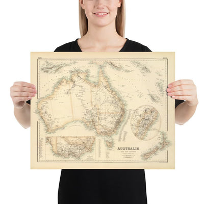 Alte Karte von Australien und Neuseeland, 1872 von Fullarton - Tasmanien, Van Diemens Land, Sydney, Auckland, Victoria, NSW