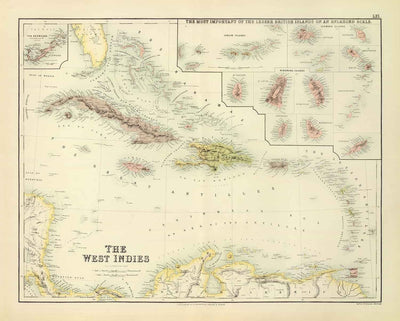 Mapa antiguo de las Indias Occidentales, 1872 por Fullarton - Bermudas, Cuba, Haití, Puerto Rico, Jamaica, Bahamas, Antillas, Mar Caribe Colonial