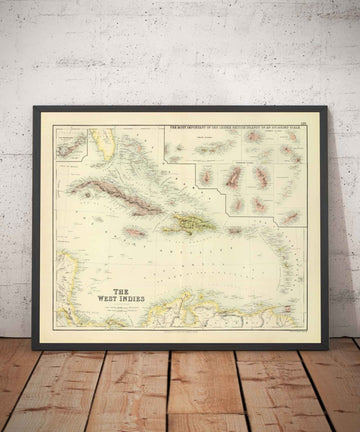 Mapa antiguo de las Indias Occidentales, 1872 por Fullarton - Bermudas, Cuba, Haití, Puerto Rico, Jamaica, Bahamas, Antillas, Mar Caribe Colonial