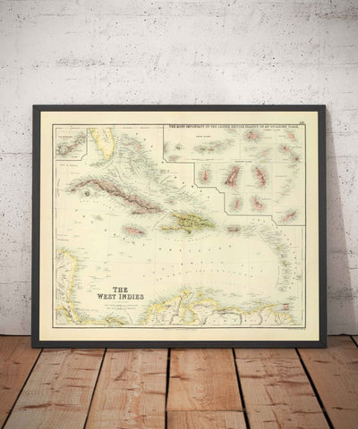 Old Map of the West Anties, 1872 par Fullarton - Bermuda, Cuba, Haïti, Porto Rico, Jamaïque, Bahamas, Antilles, mer des Caraïbes coloniales