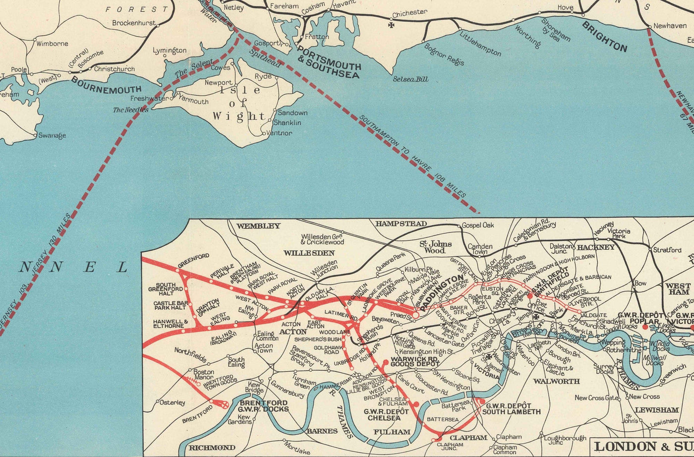 Alte Karte der Great Western Railway, 1950 - GWR - Hauptstrecken, Südwales, West Country, Paddington, vor den Kürzungen der Beechings