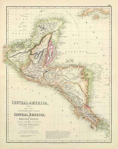 Ancienne carte de l'Amérique centrale et des villes et ruines mayas, 1872 par Fullarton - Panama, Costa Rica, Nicaragua, Guatemala, Belize