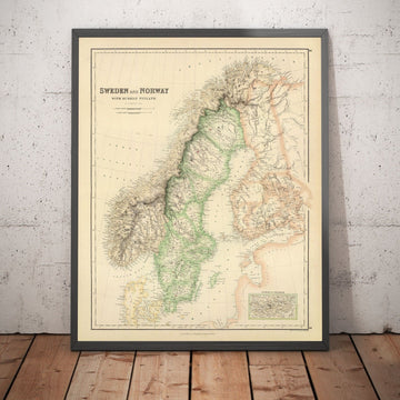 Vecchia mappa di Svezia, Norvegia e Finlandia russa, 1872 di Fullarton - Scandinavia, Danimarca, Mar Baltico, Golfo di Botnia 