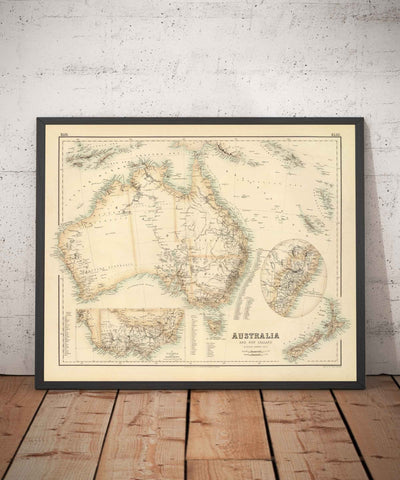 Mapa antiguo de Australia y Nueva Zelanda, 1872 por Fullarton - Tasmania, Van Diemens Land, Sydney, Auckland, Victoria, NSW