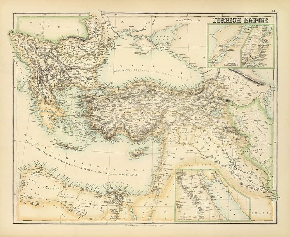 Antiguo mapa del Imperio Turco/Otomano, 1872 por Fullarton - Bizantino, Romano de Oriente, Balcanes, Grecia, Rumania, Irak