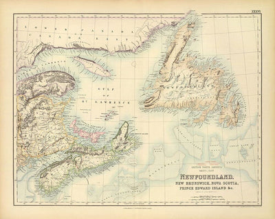 Antiguo mapa de Terranova, Nueva Escocia y Nuevo Brunswick, 1872 por Fullarton - Canadá, América del Norte Colonial Británica