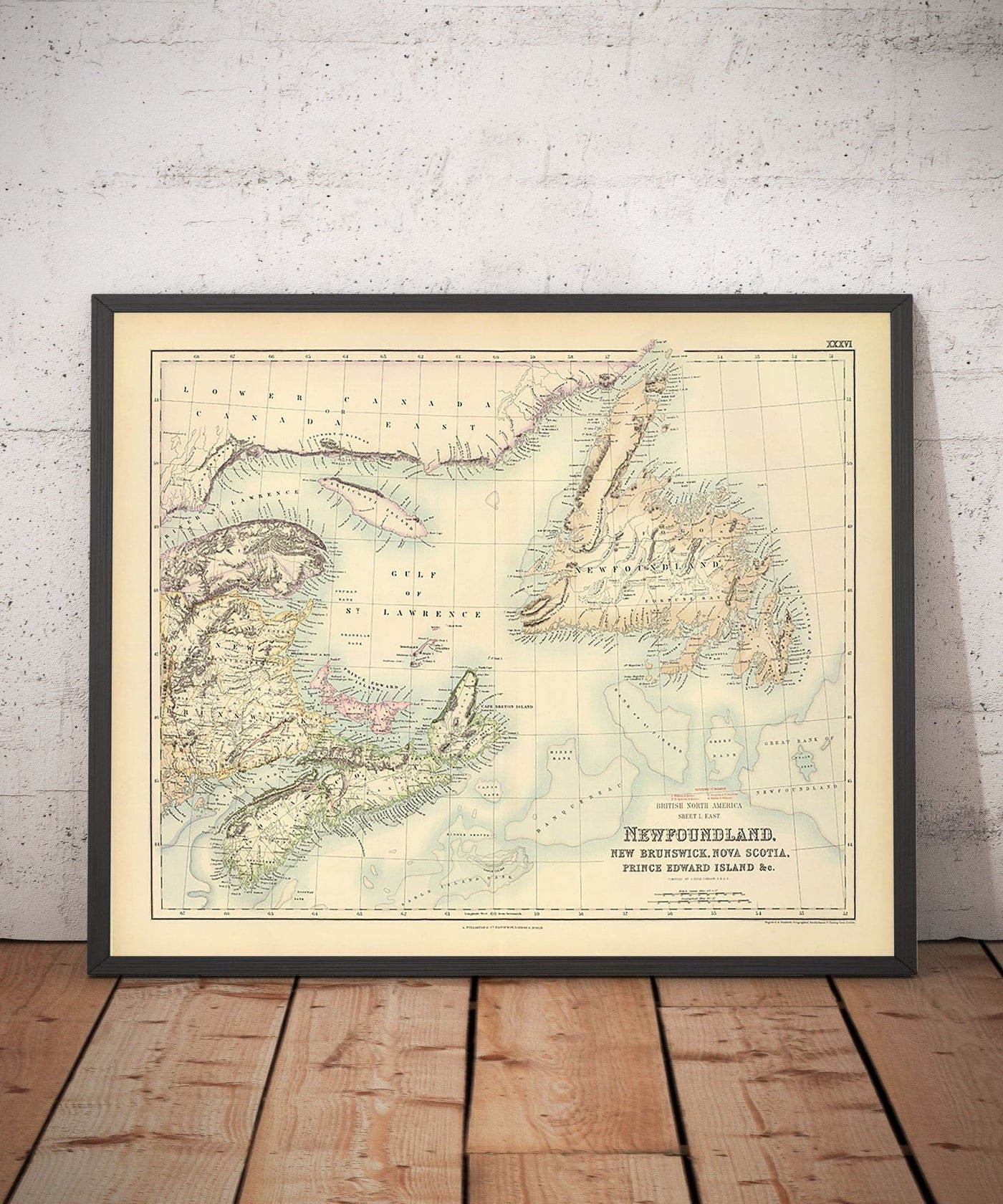 Antiguo mapa de Terranova, Nueva Escocia y Nuevo Brunswick, 1872 por Fullarton - Canadá, América del Norte Colonial Británica