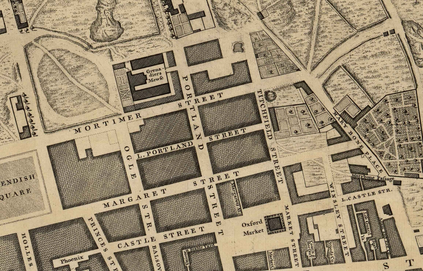 Alte Karte von London von John Rocque, 1746, B1 - Oxford Street, Tottenham Court Road, Fitzrovia, Soho & Cavendish Square