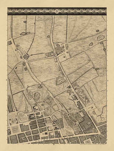 Carte ancienne de Londres par John Rocque, 1746, B1 - Oxford Street, Tottenham Court Road, Fitzrovia, Soho & Cavendish Square