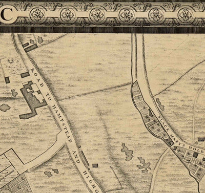 Ancienne carte de Londres par John Rocque, 1746, C1 - Holborn, Russell & Bloomsbury Square, Lincoln's et Gray's Inn, Camden