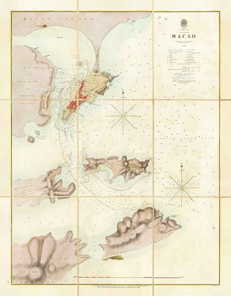 Alte Karte von Macau, 1840 - Seekarte der portugiesischen Kolonie Macau, Taipa, Coloane, Hengqin, Guangdong