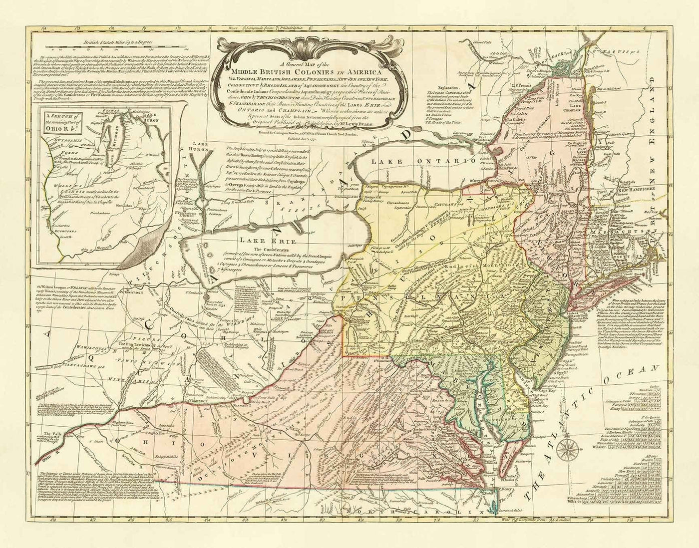 Old Map of British Colonies in America 1755 by Evans & Bowles - European and Native Settlements, Pre-Independence USA