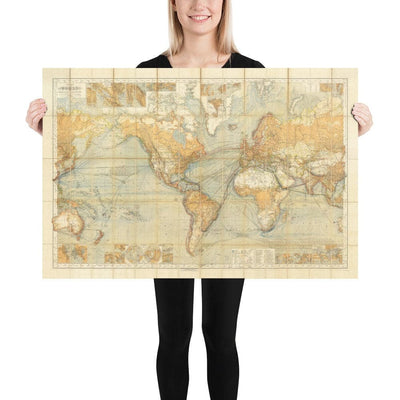 Old Shipping Lanes World Map, 1873 par Berghaus - Giant Atlas Chart - Transport en mer, chemins de fer, ports, bateaux à vapeur
