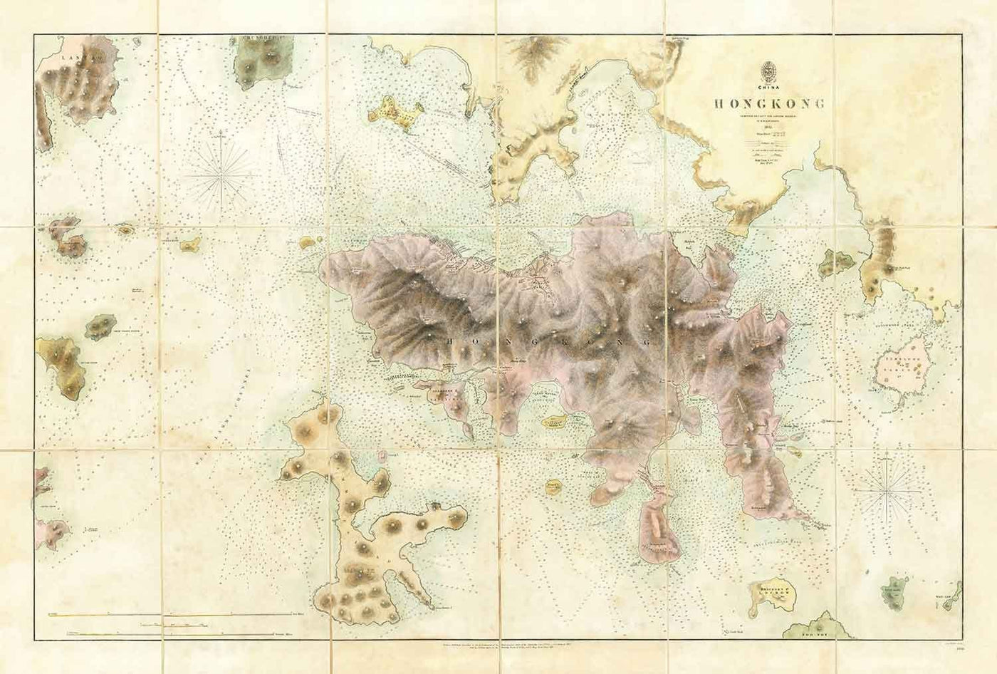 El primer mapa de Hong Kong, 1843 - Antigua carta del Almirantazgo - Kowloon, bahía de Victoria, primera colonia británica