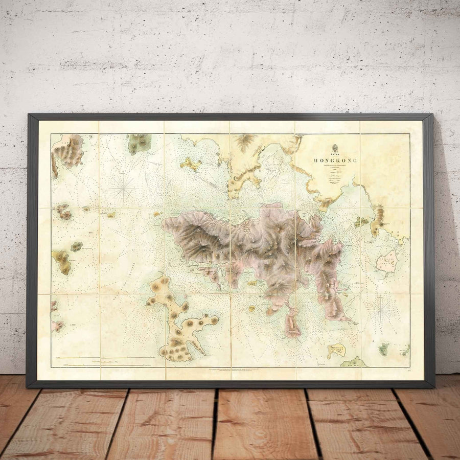 Die erste Karte von Hongkong, 1843 - Alte Admiralty Navy Chart - Kowloon, Victoria Bay, frühe britische Kolonie 