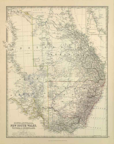 Old Map of Eastern Australia, 1879 - British Colonies of NSW, Victoria, Queensland & South - Great Barrier Reef