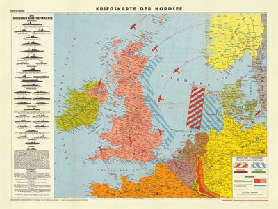 Mapa alemán de la Segunda Guerra Mundial, 1940 - Antiguo mapa militar de la Segunda Guerra Mundial del Mar del Norte - Barcos de la Armada Británica, campos de minas, líneas de batalla