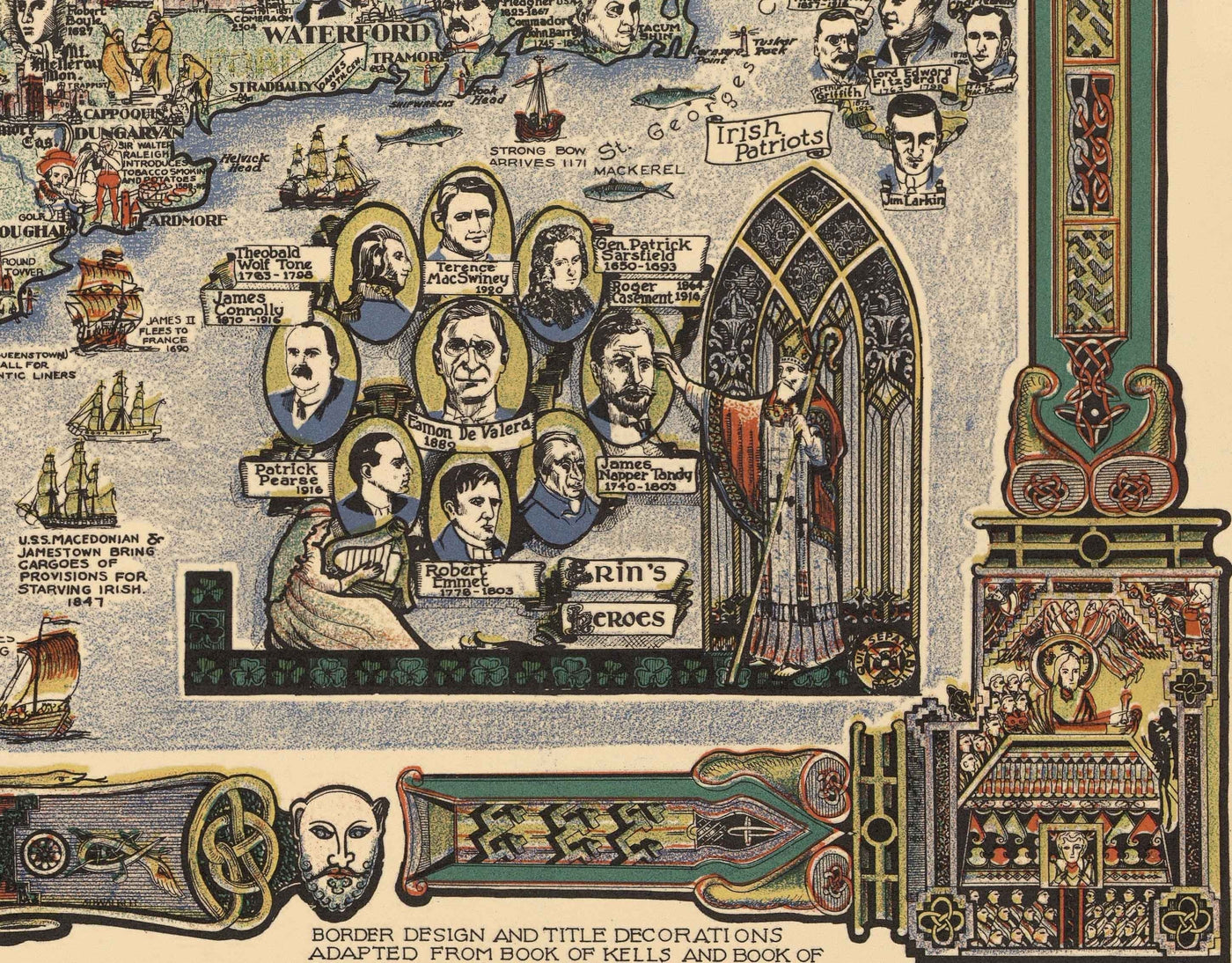 Story Map of Ireland, 1936 - Old Pictorial Chart of Eire - Historische Figuren, Dublin, Kork, Belfast, Bernard Shaw