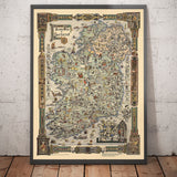 Story Map of Ireland, 1936 - Antiguo mapa pictórico de Irlanda - Figuras históricas, Dublín, Cork, Belfast, Bernard Shaw