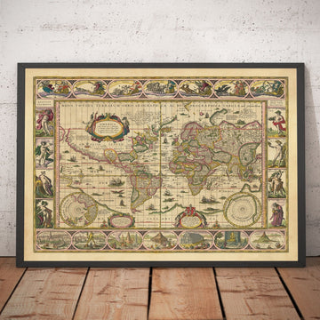 Mappa del Mondo Antico, 1635 di Willem Blaeu - Atlante raro e straordinario - Sette Meraviglie, Isole Mitiche, Dei Romani, Mostri Marini! 