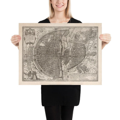 Antiguo mapa monocromo de París, 1572 por Braun - Notre Dame, Sainte Chapelle, Bastilla, Sena, Catedral, Murallas